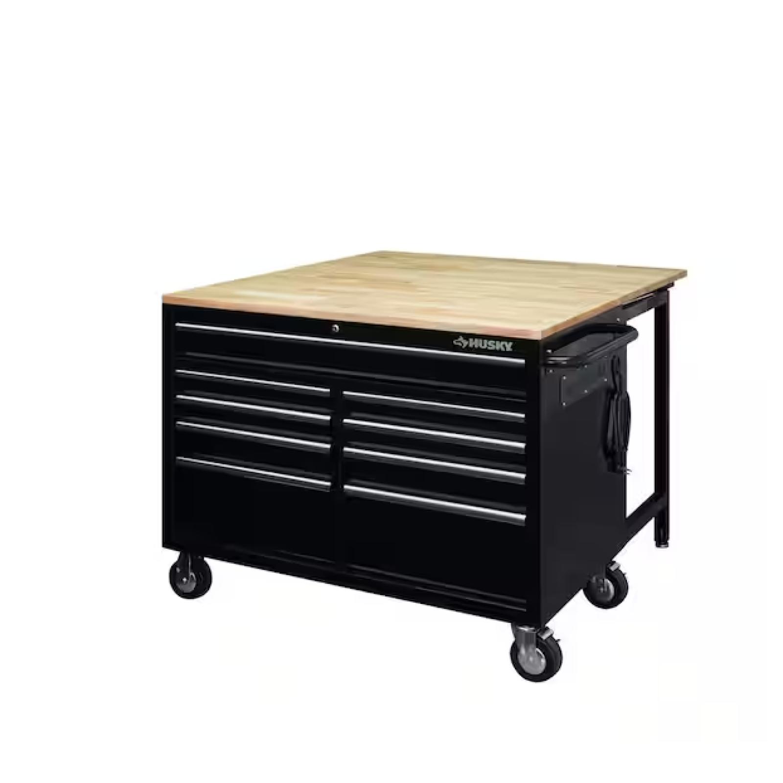 DALLAS LOCATION - Husky Tool Storage 46 in. W Standard Duty Black Mobile Workbench Cabinet with Solid Top Full Length Extension Table