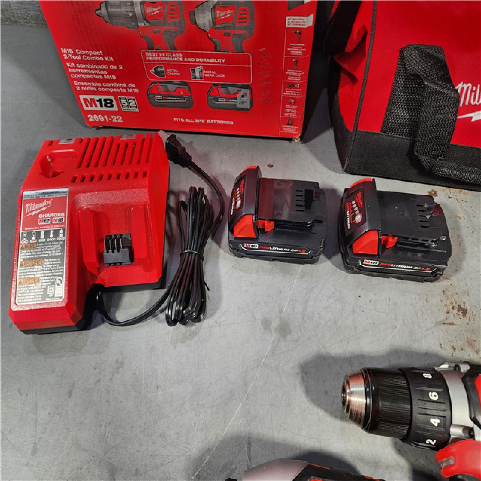 HOUSTON LOCATION - AS-IS Milwaukee M18 18V Cordless Brushed 2 Tool Drill/Driver and Impact Driver Kit