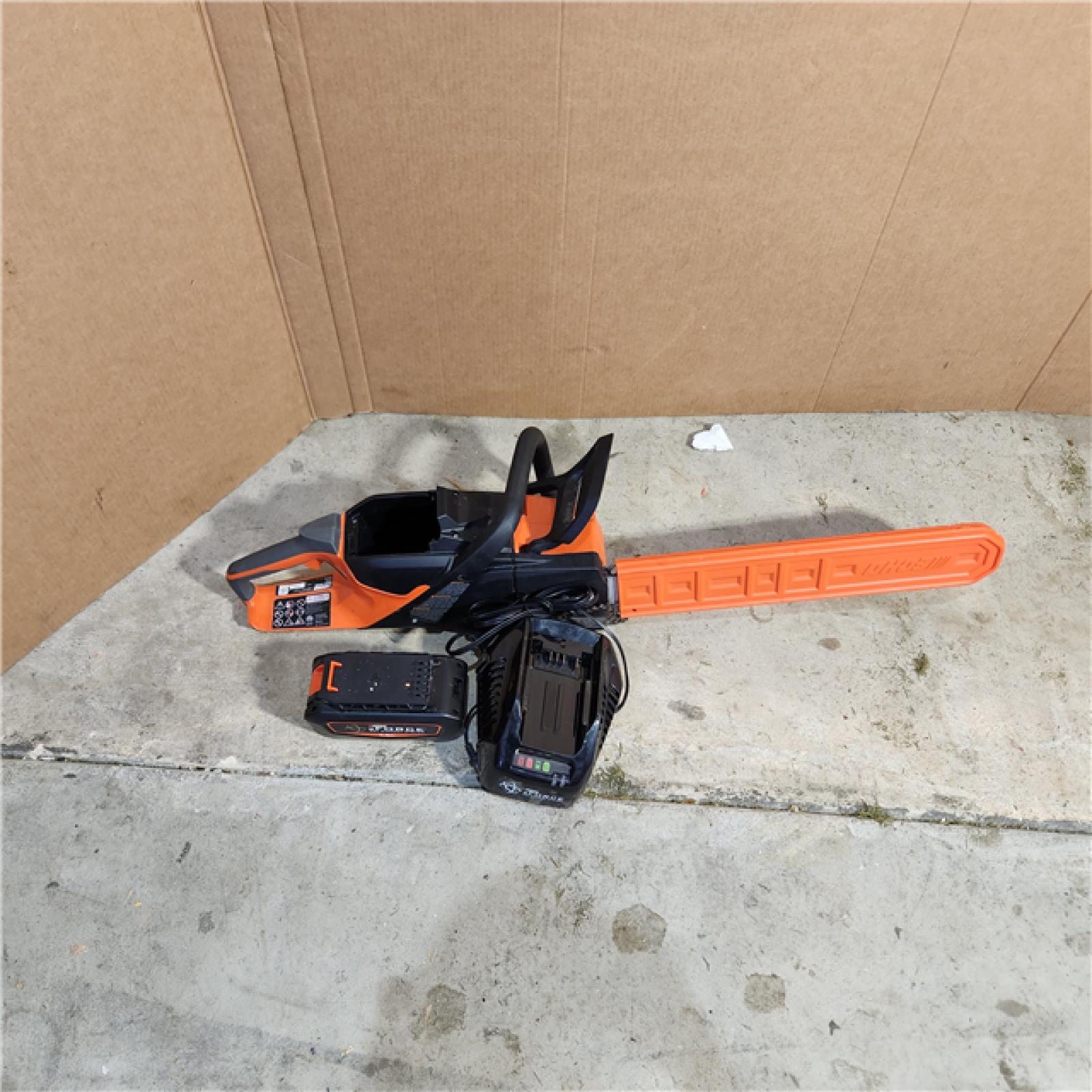 Houston location AS-IS EFORCE 18 in. 56V Cordless Electric Battery Brushless Rear Handle Chainsaw Kit with 5.0Ah Battery and Charger