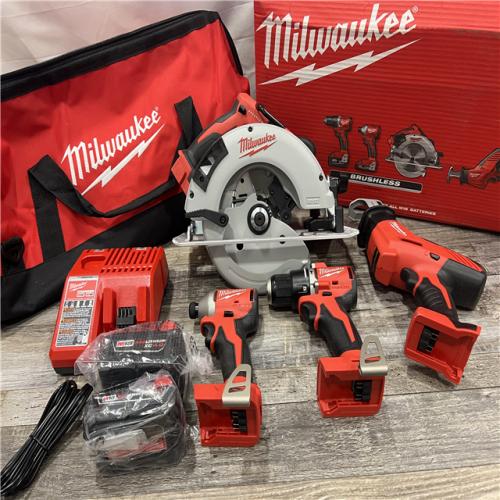 AS-IS Milwaukee M18 18-Volt Lithium-Ion Brushless Cordless Combo Kit (4-Tool) with 2-Batteries, 1-Charger and Tool Bag