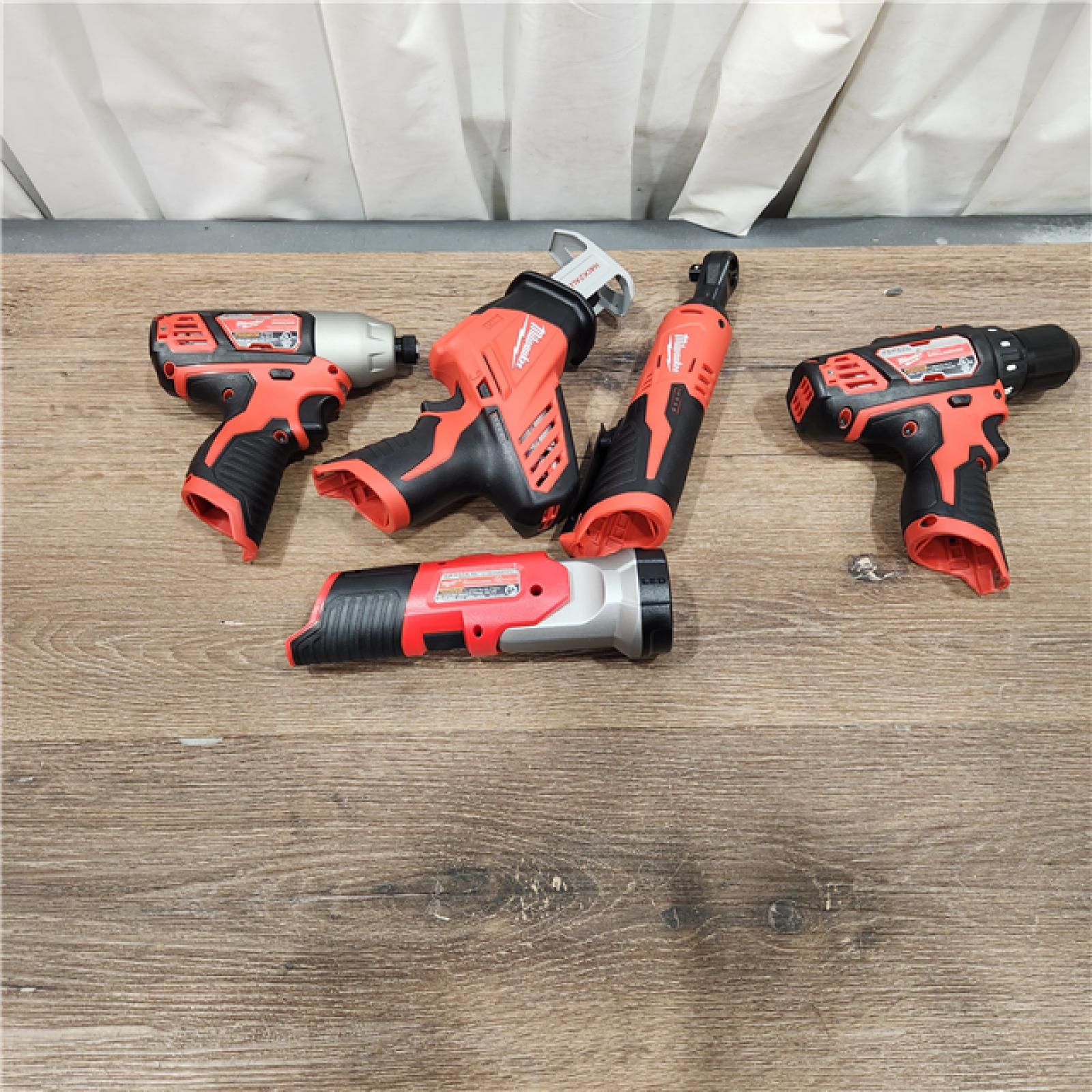 AS-IS MILWAUKEE M12 12V Lithium-Ion Cordless Combo Kit (5-Tool) with Two 1.5Ah Batteries, Charger & Tool Bag