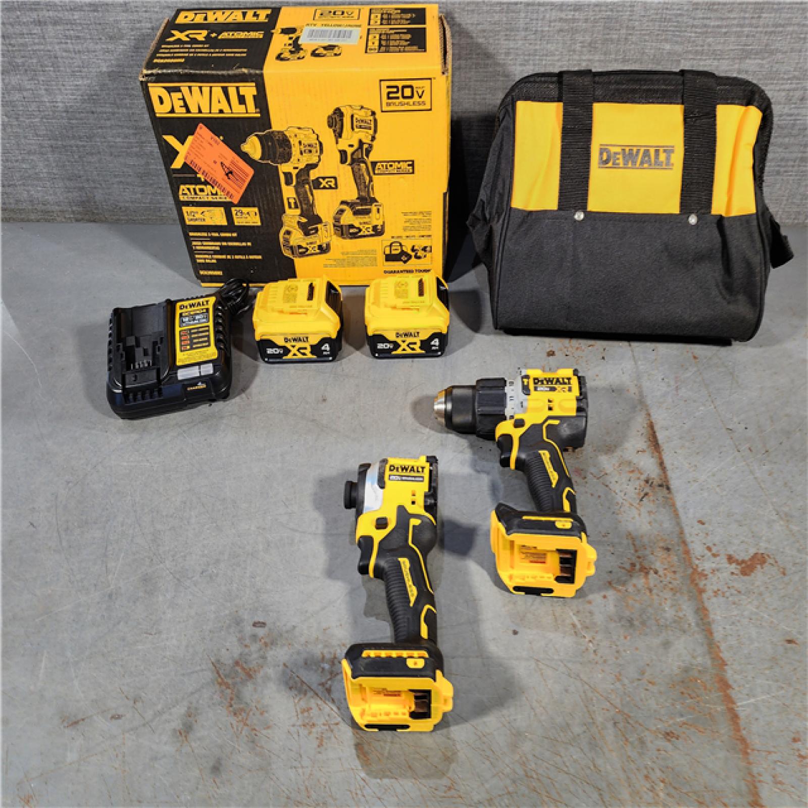 HOUSTON LOCATION - AS-IS DEWALT 20V MAX XR Hammer Drill and ATOMIC Impact Driver 2 Tool Cordless Combo Kit with (2) 4.0Ah Batteries, Charger, and Bag