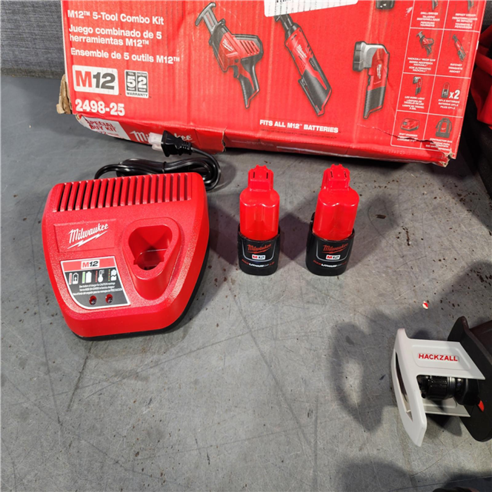 HOUSTON LOCATION - AS-IS MILWAUKEE M12 12V Lithium-Ion Cordless Combo Kit (5-Tool) with Two 1.5Ah Batteries, Charger & Tool Bag