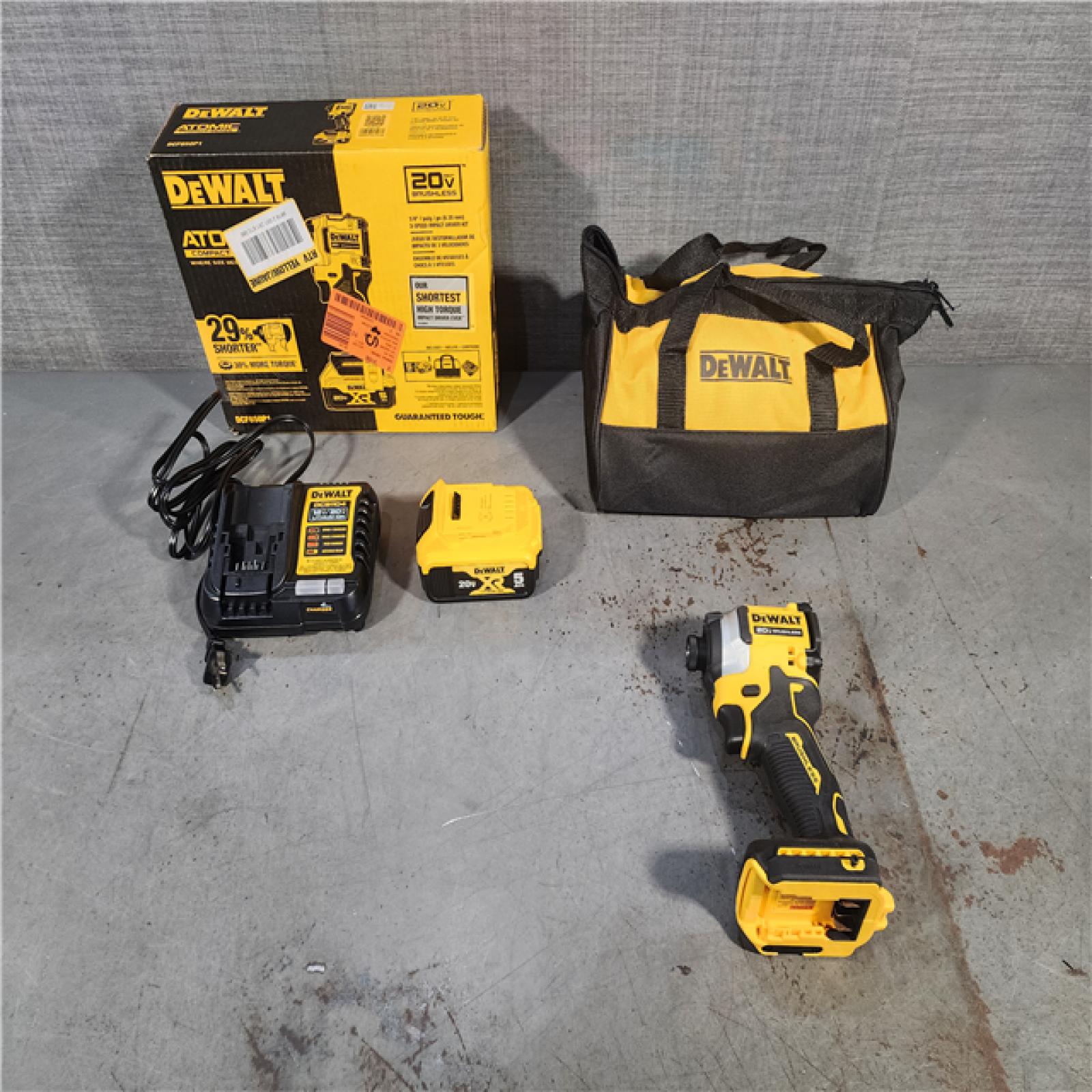 HOUSTON LOCATION - AS-IS DEWALT ATOMIC 20V MAX Lithium-Ion Cordless 1/4 in. Brushless Impact Driver Kit, 5 Ah Battery, Charger, and Bag