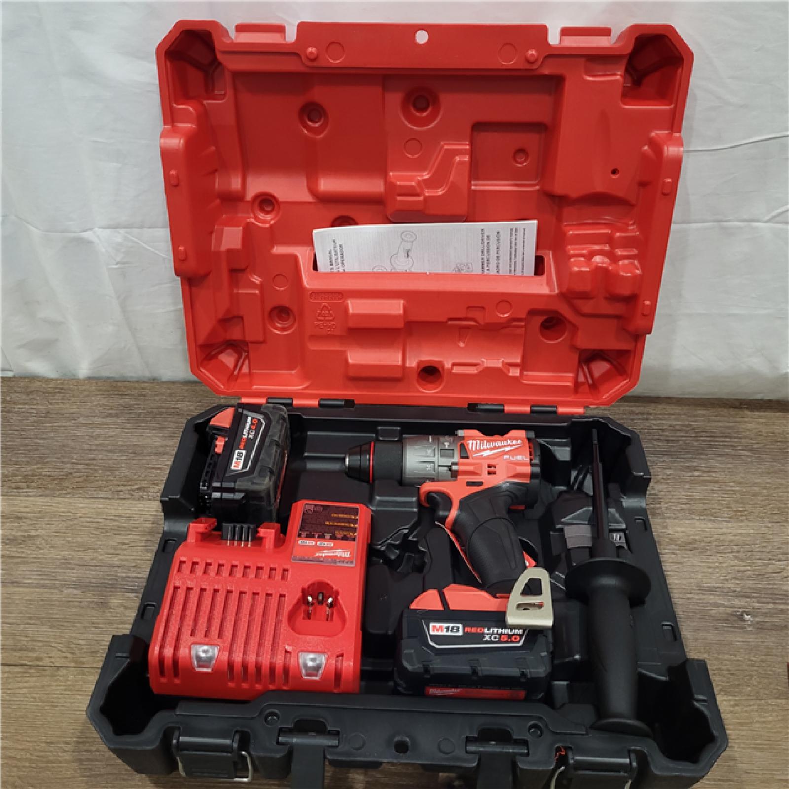 AS-IS Milwaukee 2904-22 Hammer Drill Driver Kit with Batteries  Charger & Tool Case  Red