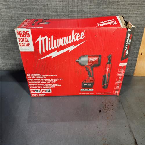 HOUSTON LOCATION - AS-IS (APPEARS LIKE NEW) M12/M18 12/18V Lithium-Ion Cordless 3/8 in. Ratchet and 1/2 in. High Torque Impact Wrench with Friction Ring Combo Kit