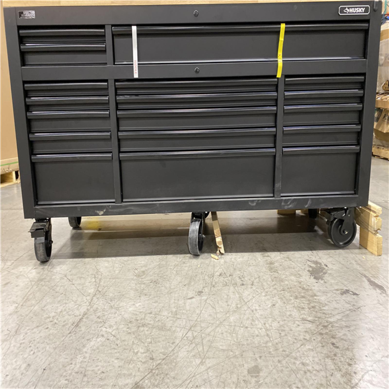 DALLAS LOCATION - Husky 72 in. W x 24 in. D Heavy Duty 18-Drawer Mobile Workbench Cabinet with Adjustable-Height Hardwood Top in Matte Black