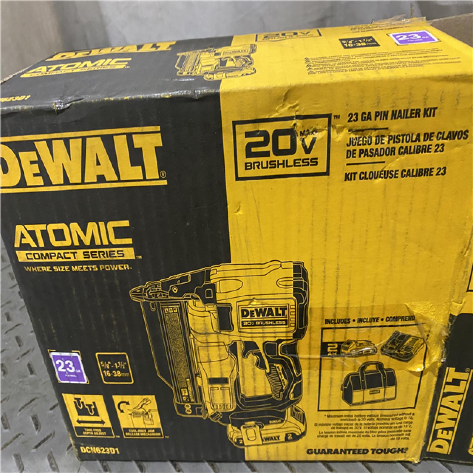 Houston location AS-IS DEWALT ATOMIC 20V MAX Lithium Ion Cordless 23 Gauge Pin Nailer Kit with 2.0Ah Battery and Charger