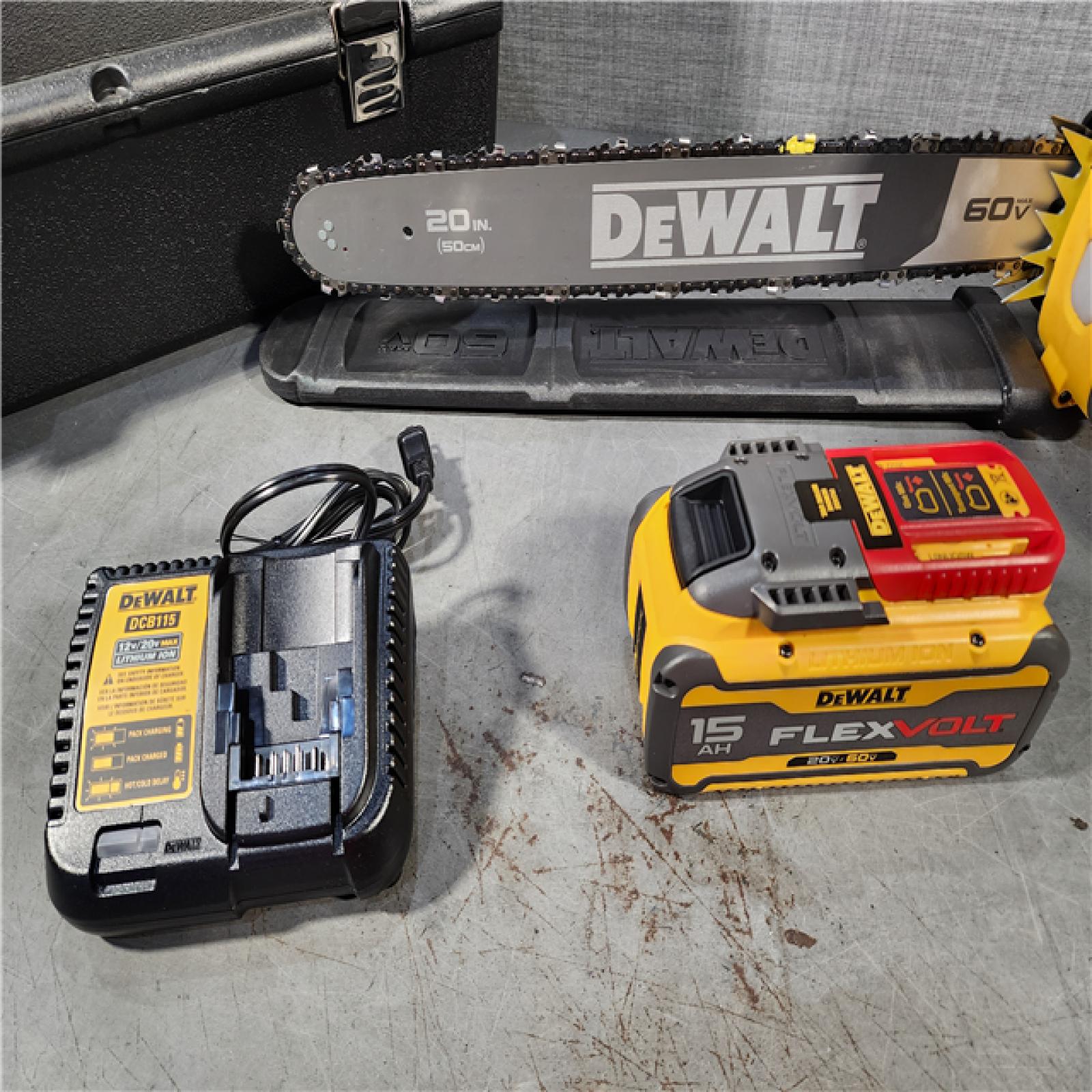 HOUSTON LOCATION - AS-IS DEWALT FLEXVOLT 60V MAX 20 in. Brushless Electric Cordless Chainsaw Kit and Carry Case with (1) FLEXVOLT 15 Ah Battery & Charger