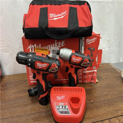 AS-ISMilwaukee 2494-22 M12 Cordless Combination 3/8  Drill / Driver and 1/4  Hex Impact Driver Dual Power Tool Kit (2 Lithium Ion Batteries  Charger  and B