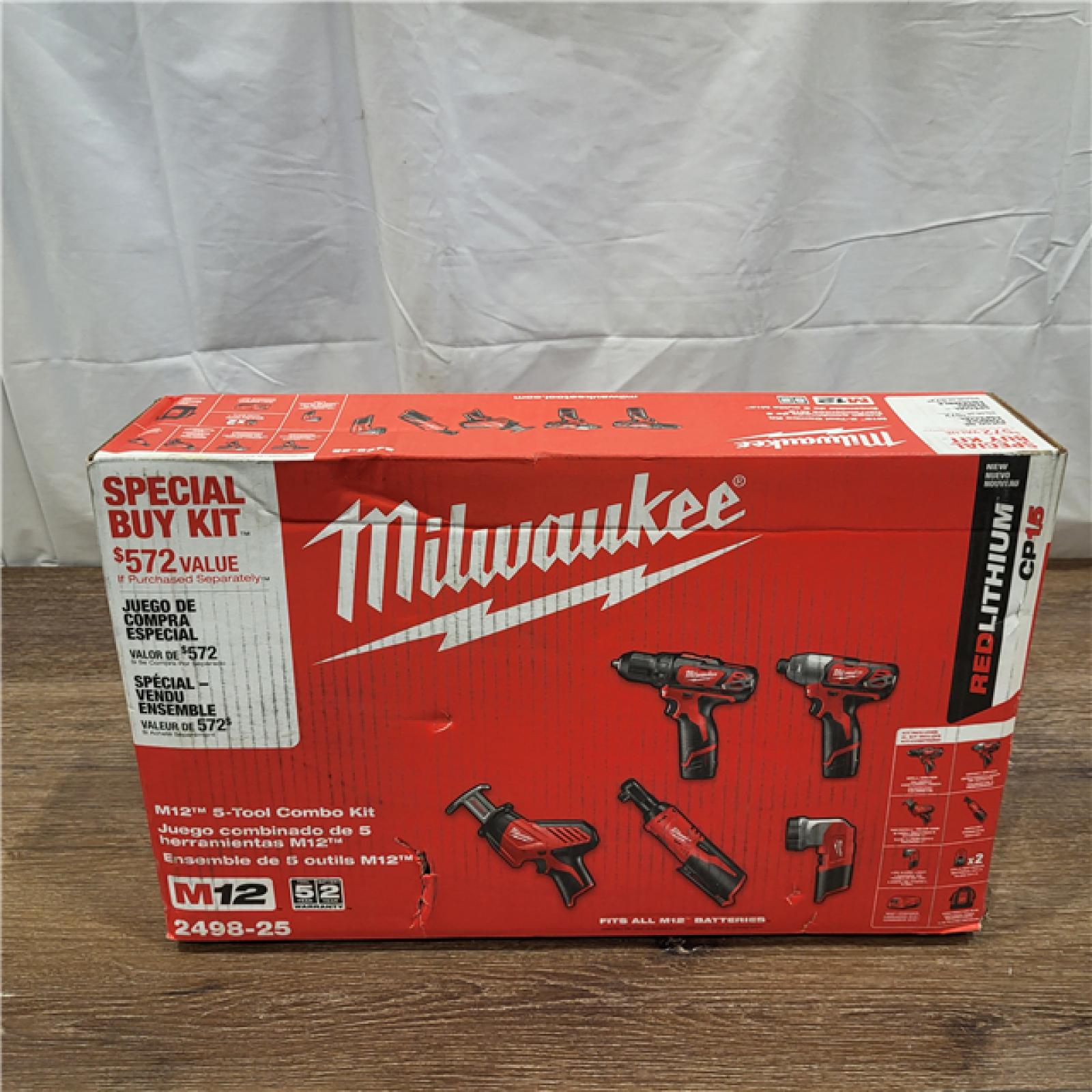 AS-IS MILWAUKEE M12 12V Lithium-Ion Cordless Combo Kit (5-Tool) with Two 1.5Ah Batteries, Charger & Tool Bag