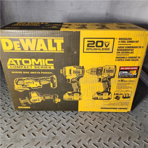 Houston location AS-IS DEWALT ATOMIC 20-Volt Lithium-Ion Cordless Brushless Combo Kit (4-Tool) with (2) 2.0Ah Batteries, Charger and Bag