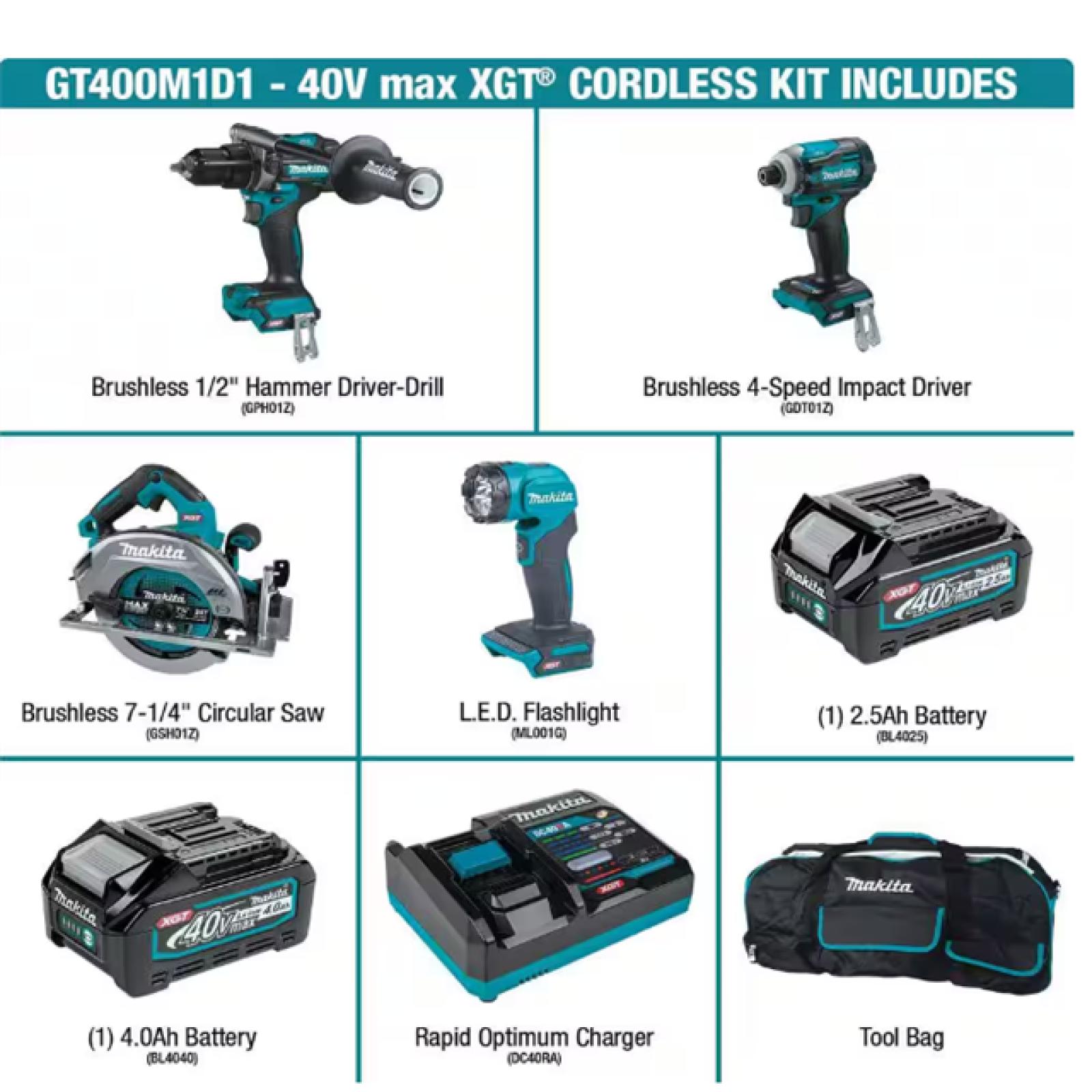 NEW! - Makita 40V Max XGT Brushless Cordless 4-Piece Combo Kit (Hammer Driver-Drill/Impact Driver/Circ Saw/Flashlight) 2.5Ah/4.0Ah