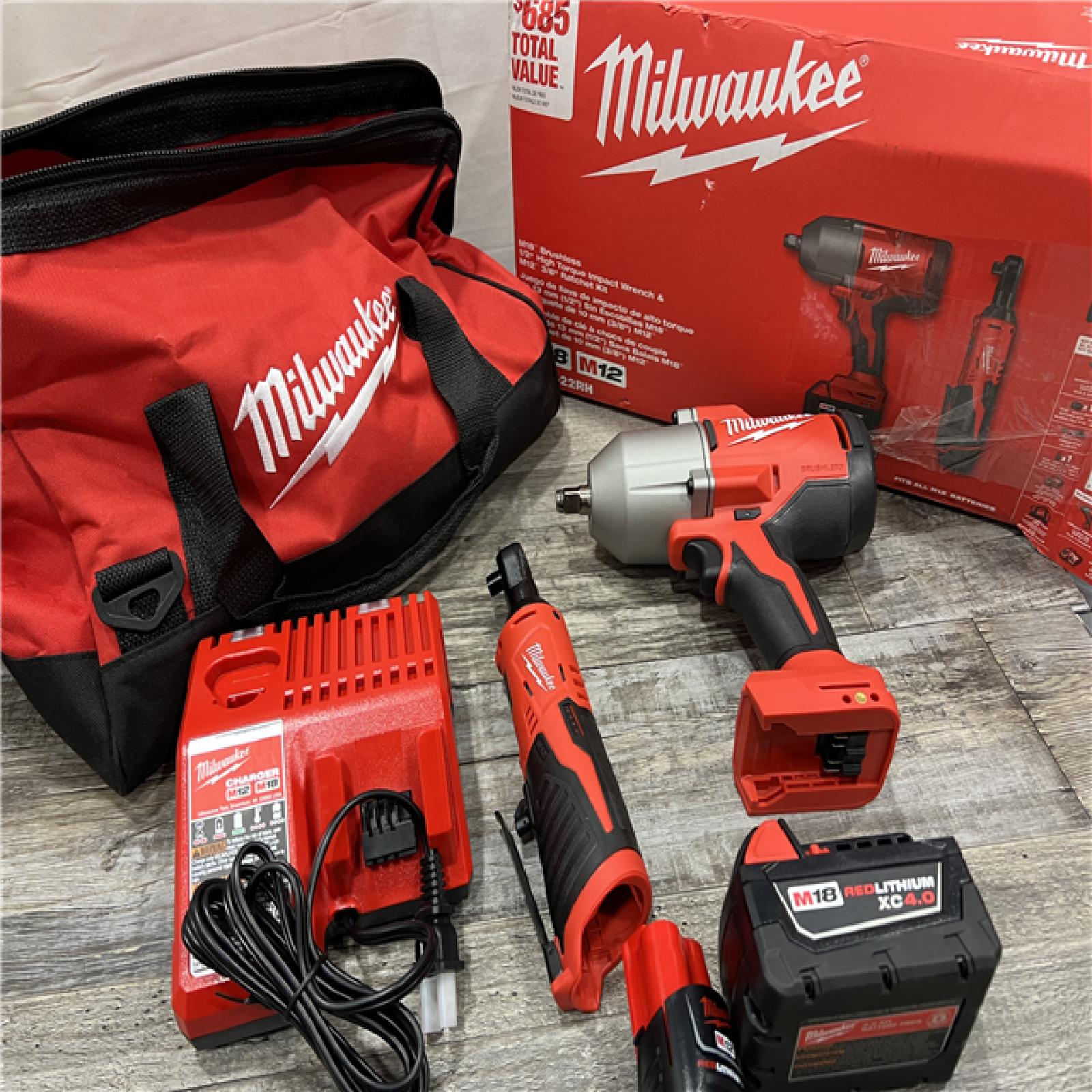 AS-IS MILWAUKEE M12/M18 12/18V Lithium-Ion Cordless 3/8 in. Ratchet and 1/2 in. High Torque Impact Wrench with Friction Ring Combo Kit