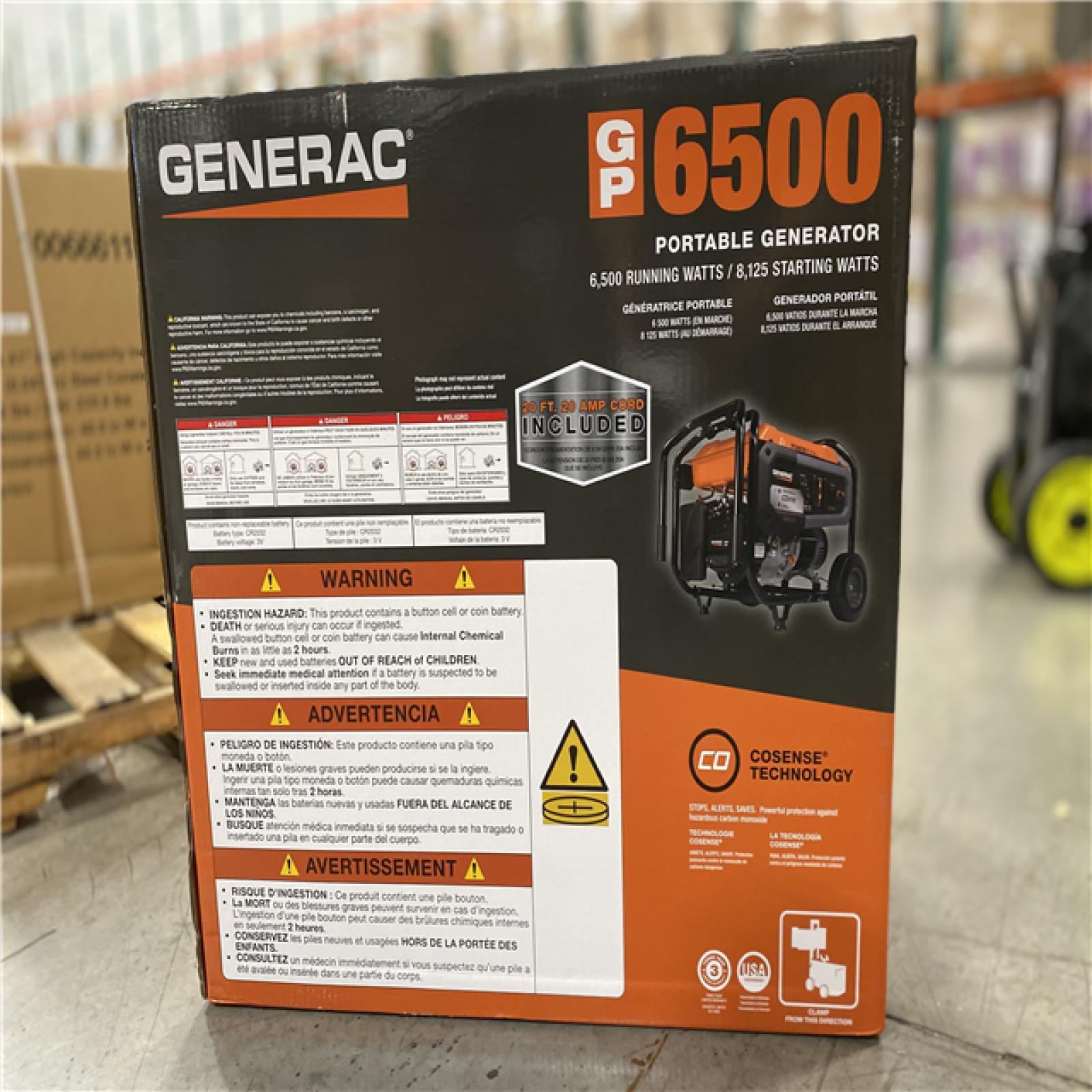 DALLAS LOCATION - Generac 8125 / 6500-Watt Gasoline Powered Portable Generator with COSense and 20 ft. Extension Cord Included