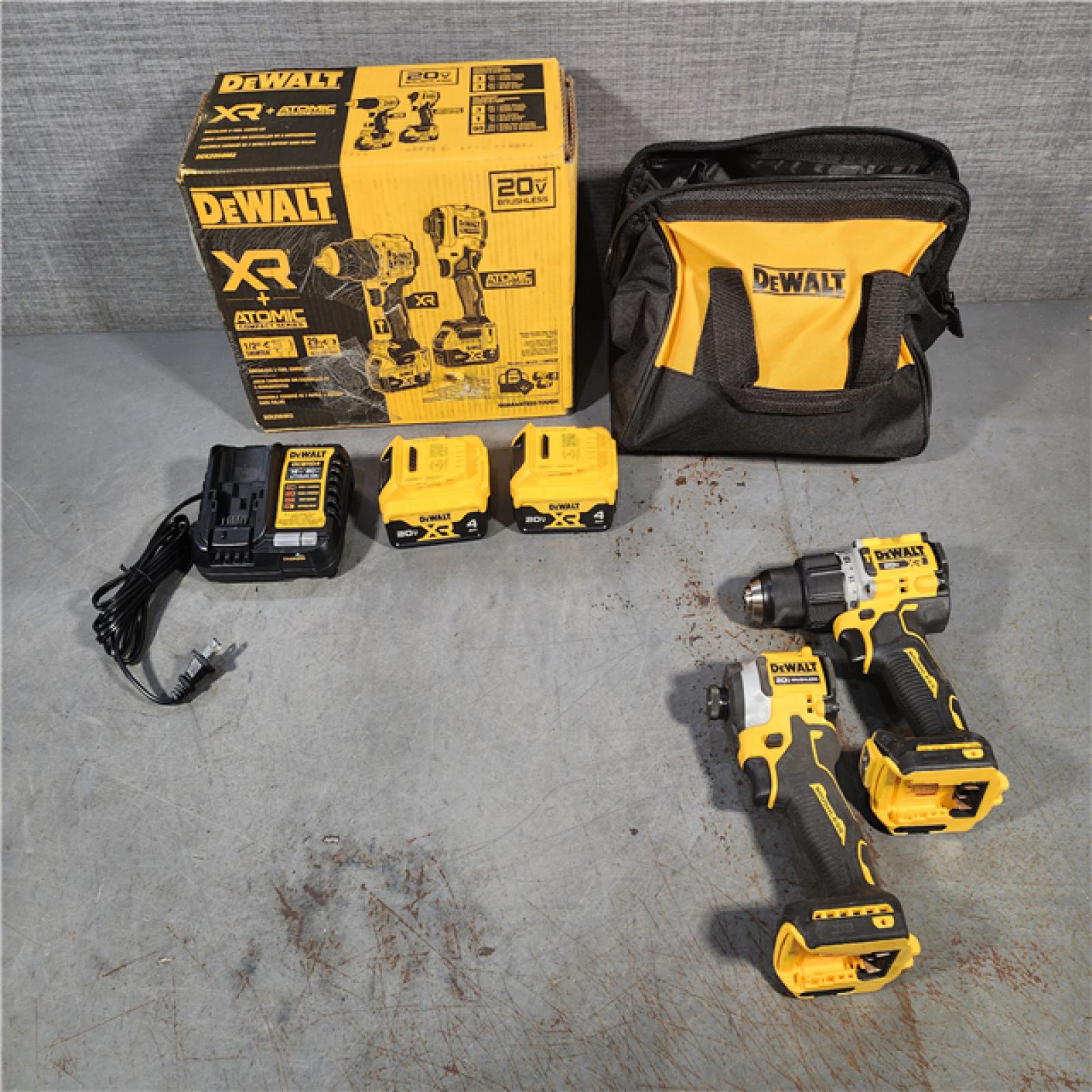 HOUSTON LOCATION - AS-IS DEWALT 20V MAX XR Hammer Drill and ATOMIC Impact Driver 2 Tool Cordless Combo Kit with (2) 4.0Ah Batteries, Charger, and Bag