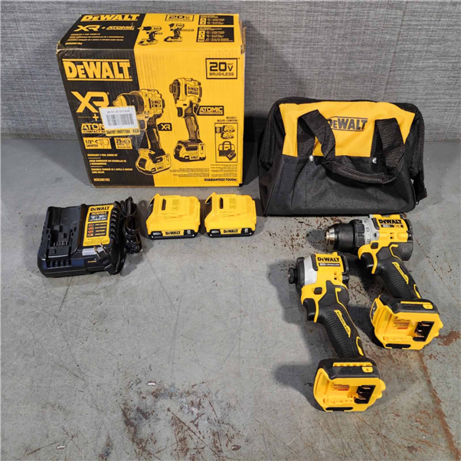 HOUSTON LOCATION - AS-IS DEWALT 20V MAX XR Cordless Drill/Driver, ATOMIC Impact Driver 2 Tool Combo Kit, (2) 2.0Ah Batteries, Charger, and Bag