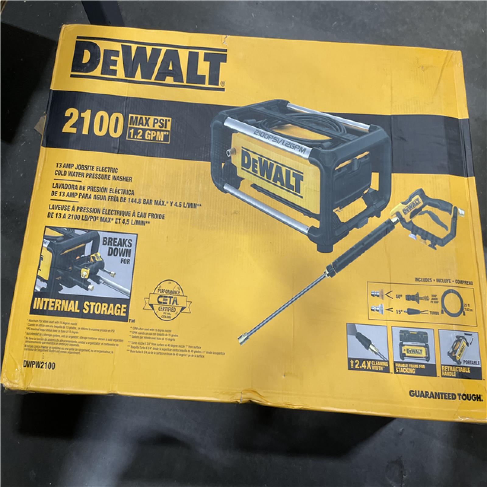 AS-IS DeWalt 2100 PSI 13 Amp Cold Water Electric Pressure Washer with Internal Equipment Storage