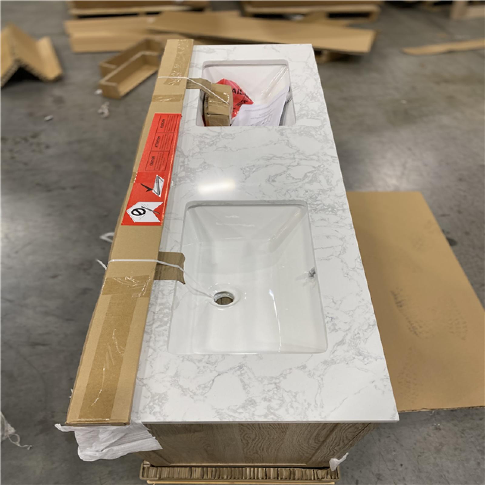 DALLAS LOCATION - Glacier Bay Tobana 60 in. Double Sink Weathered Tan Bath Vanity with White Engineered Marble Top (Assembled)