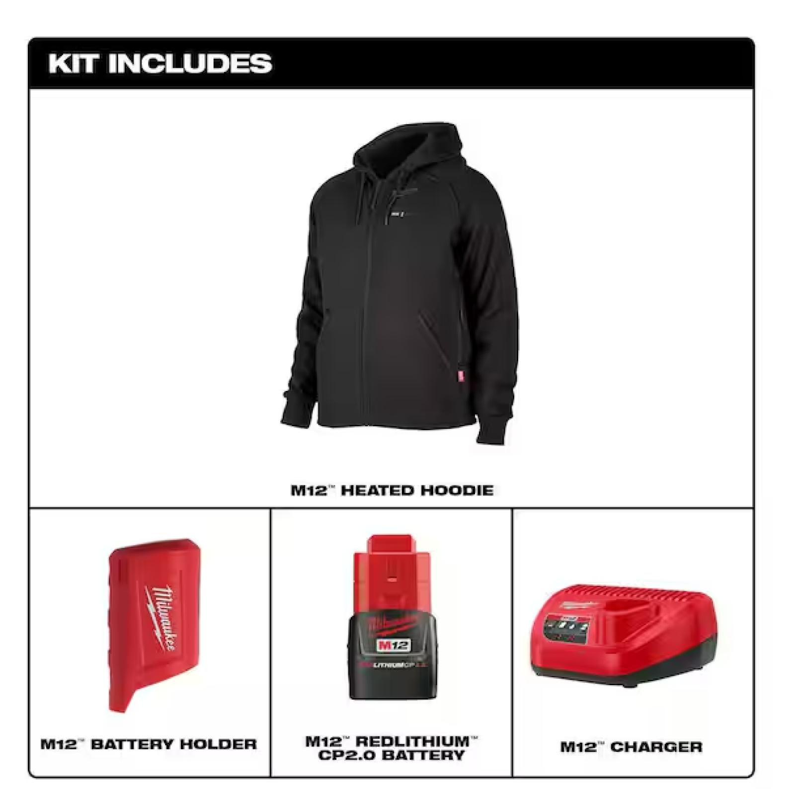 NEW! - Milwaukee Men's 2X-Large M12 12-Volt Lithium-Ion Cordless Black Heated Jacket Hoodie Kit with (1) 2.0 Ah Battery and Charger