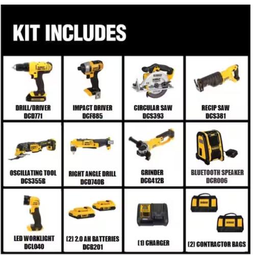 DALLAS LOCATION - LIKE NEW! DEWALT 20V MAX Cordless 9 Tool Combo Kit with (2) 20V 2.0Ah Batteries and Charger