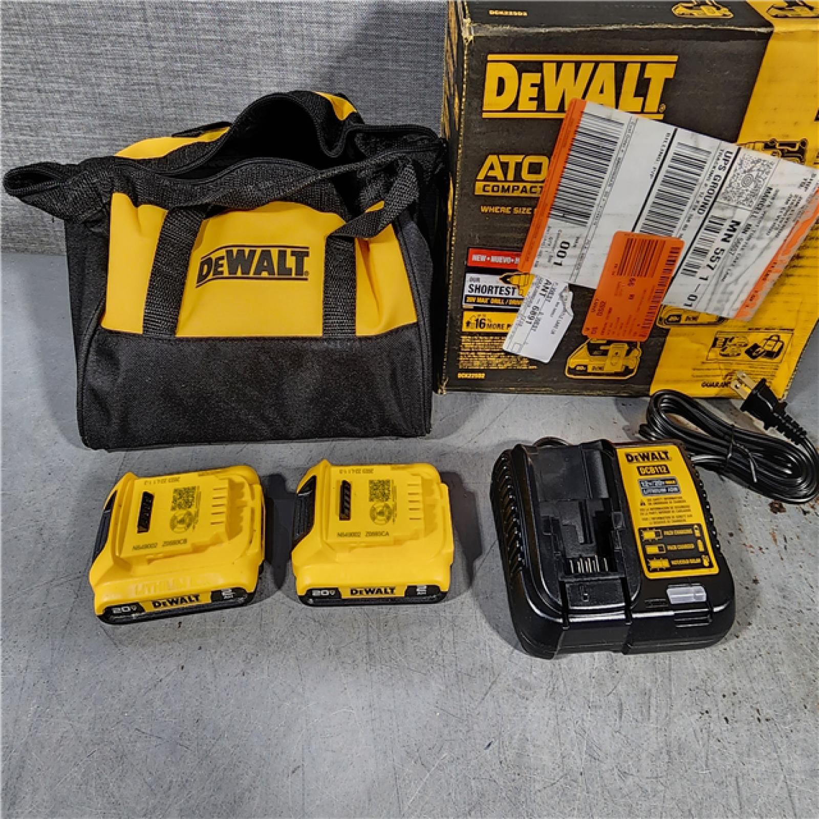 HOUSTON LOCATION - AS-IS DEWALT ATOMIC 20-Volt MAX Lithium-Ion Cordless Combo Kit (2-Tool) with (2) 2.0Ah Batteries, Charger and Bag