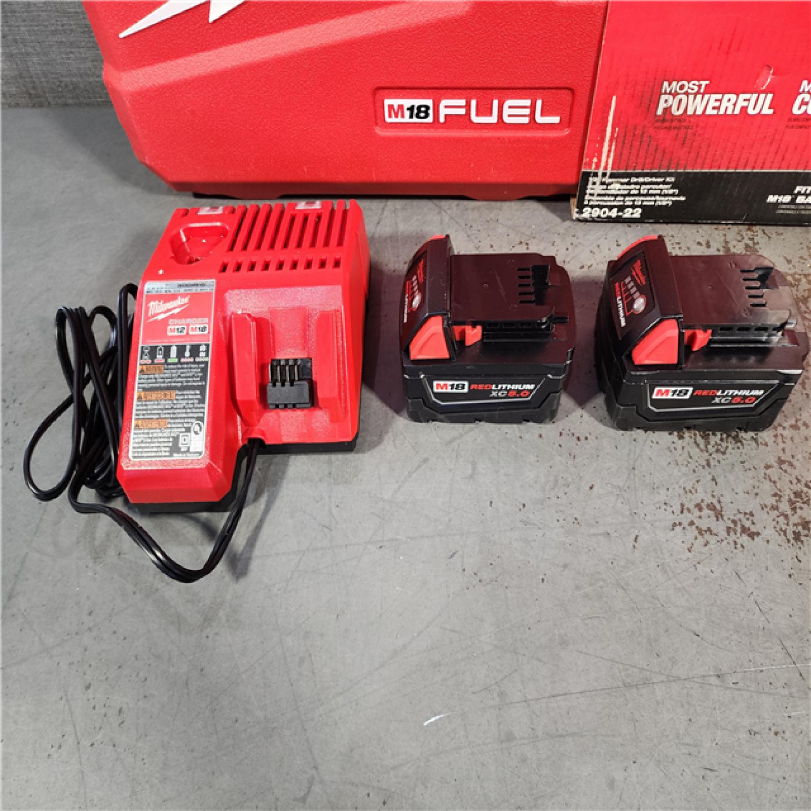 HOUSTON LOCATION - AS-IS Milwaukee 2904-22 Hammer Drill Driver Kit with Batteries  Charger & Tool Case  Red