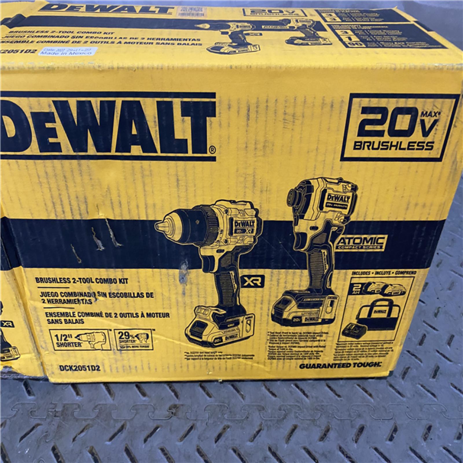 Houston location AS-IS DEWALT 20V MAX XR Cordless Drill/Driver, ATOMIC Impact Driver 2 Tool Combo Kit, (2) 2.0Ah Batteries, Charger, and Bag