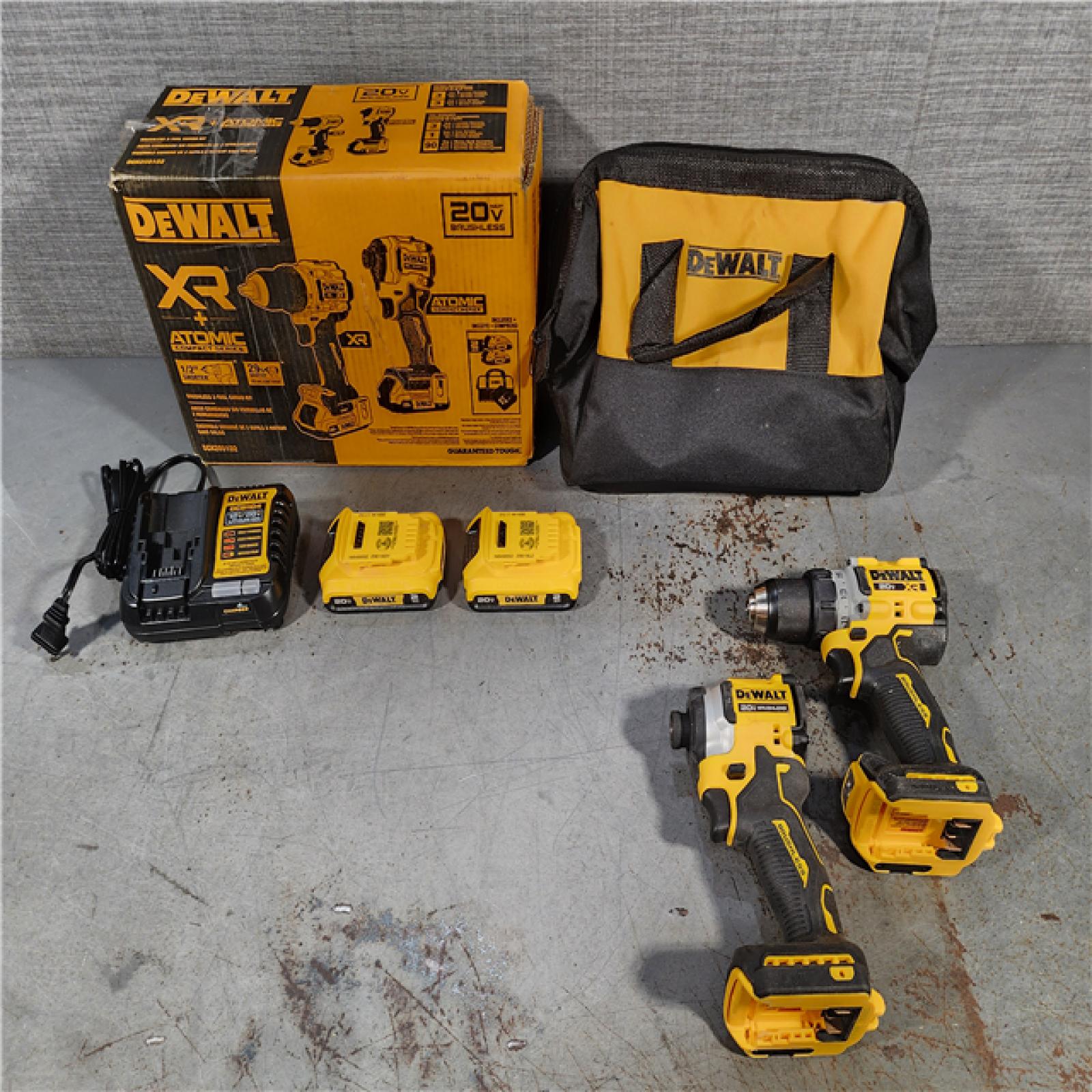 HOUSTON LOCATION - AS-IS DEWALT 20V MAX XR Cordless Drill/Driver, ATOMIC Impact Driver 2 Tool Combo Kit, (2) 2.0Ah Batteries, Charger, and Bag