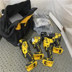 Houston location AS-IS DEWALT ATOMIC 20V MAX Cordless Brushless 4 Tool Combo Kit, (2) 2.0Ah Batteries, Charger, and Bag