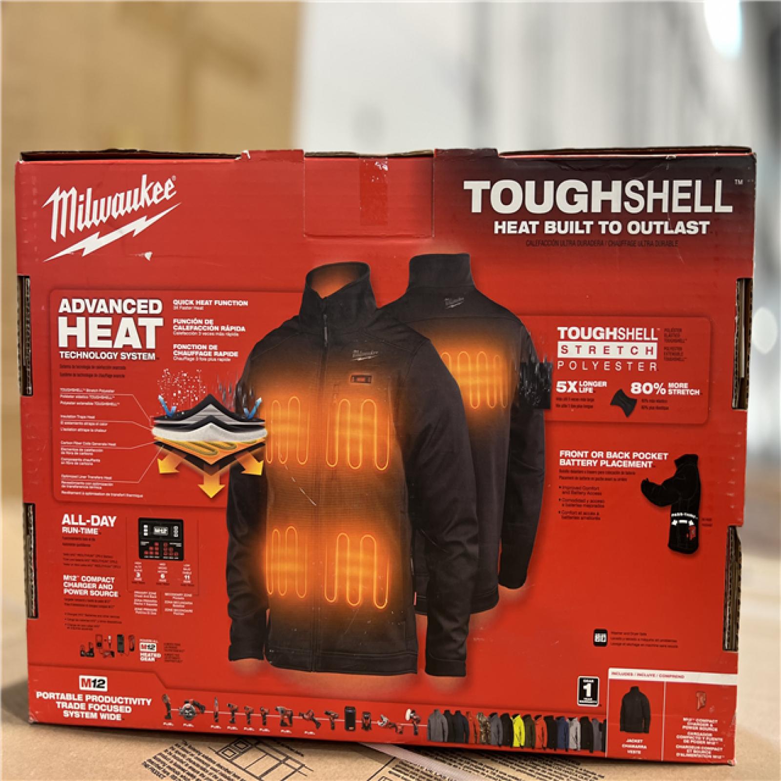 NEW! - Milwaukee Men's X-Large M12 12V Lithium-Ion Cordless TOUGHSHELL Black Heated Jacket (Jacket and Charger/Power Source Only)