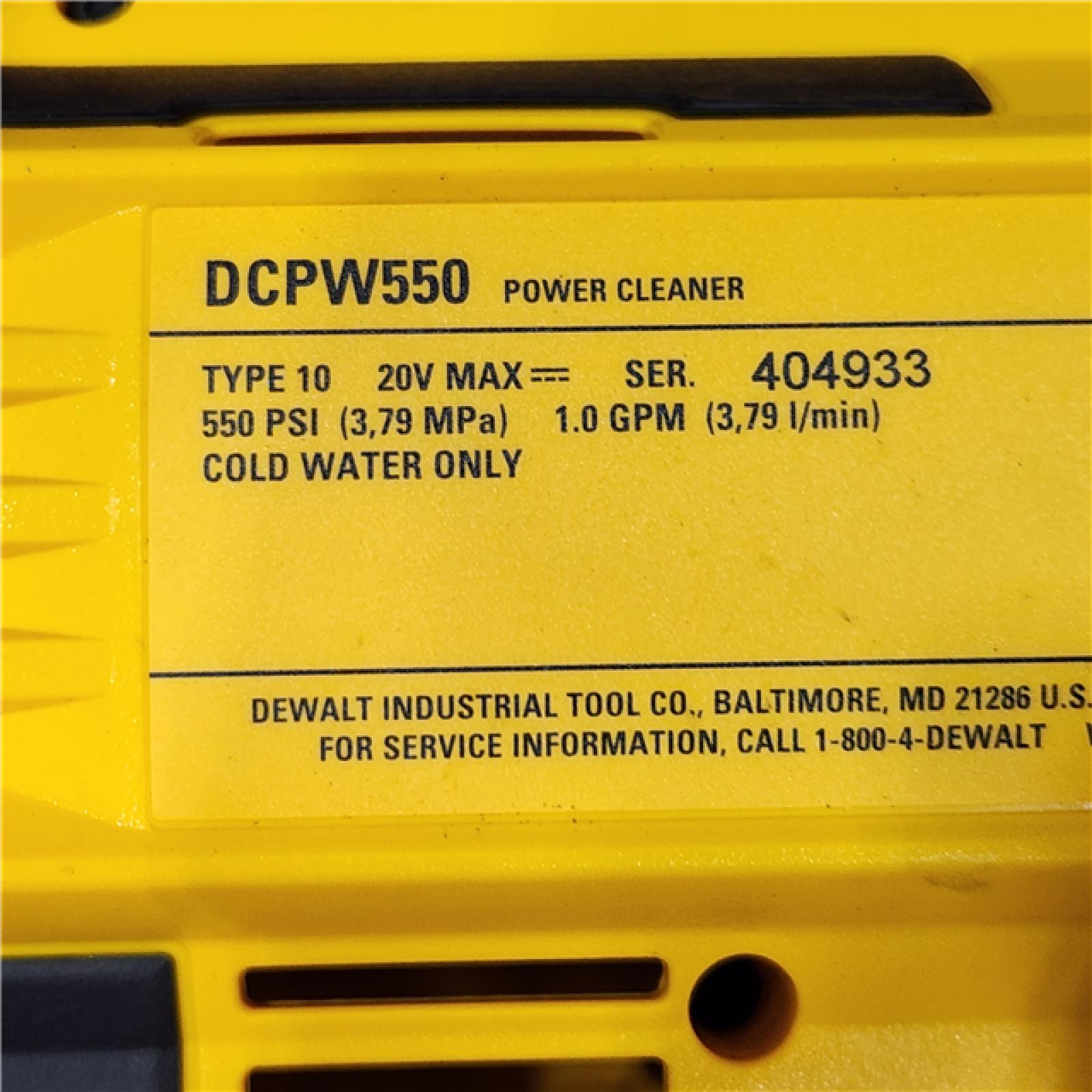 AS-IS DEWALT 20V MAX 550 PSI 1.0 GPM Cold Water Cordless Battery Power Cleaner with 4 Nozzles (Tool Only)