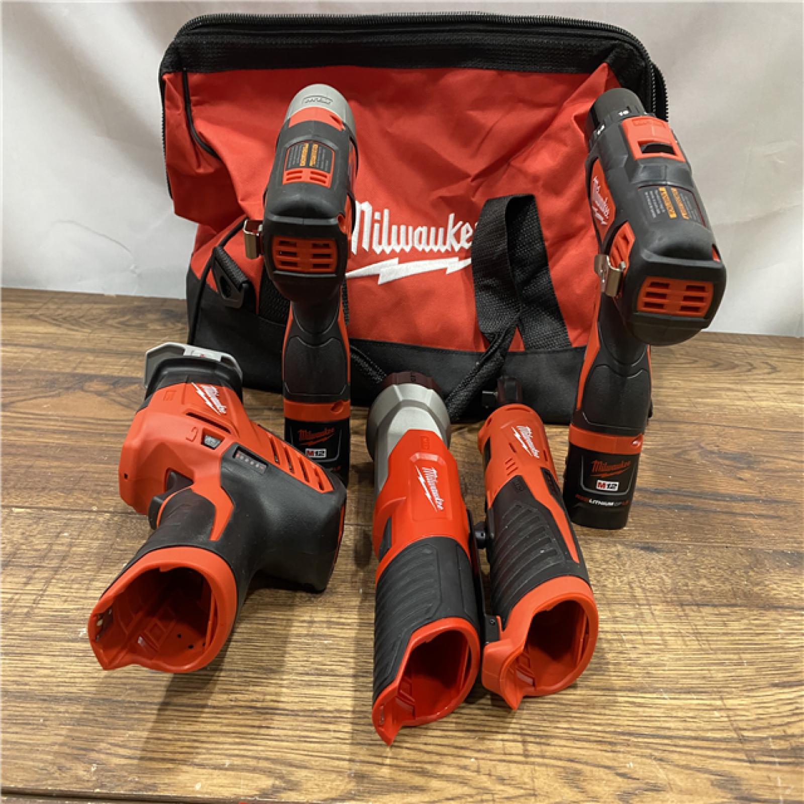 AS IS MILWAUKEE M12 12V Lithium-Ion Cordless Combo Kit (5-Tool) with Two 1.5Ah Batteries, Charger & Tool Bag