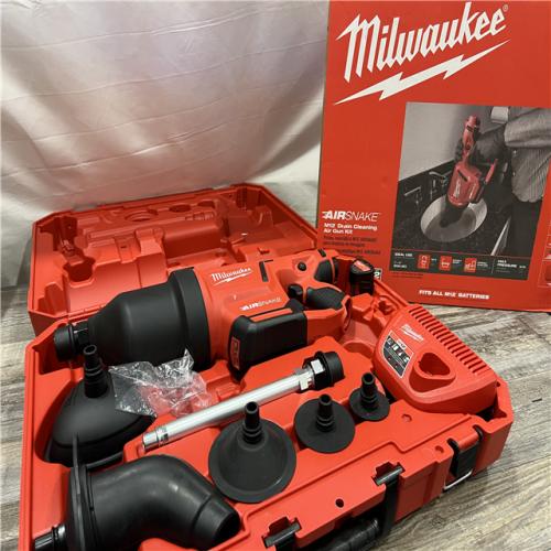 AS-IS MILWAUKEE M12 12-Volt Lithium-Ion Cordless Drain Cleaning Airsnake Air Gun Kit with (1) 2.0Ah Battery, Toilet Attachments