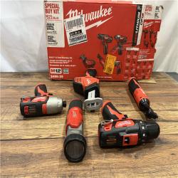 AS-IS MILWAUKEE M12 12V Lithium-Ion Cordless Combo Kit (5-Tool) with Two 1.5Ah Batteries, Charger & Tool Bag