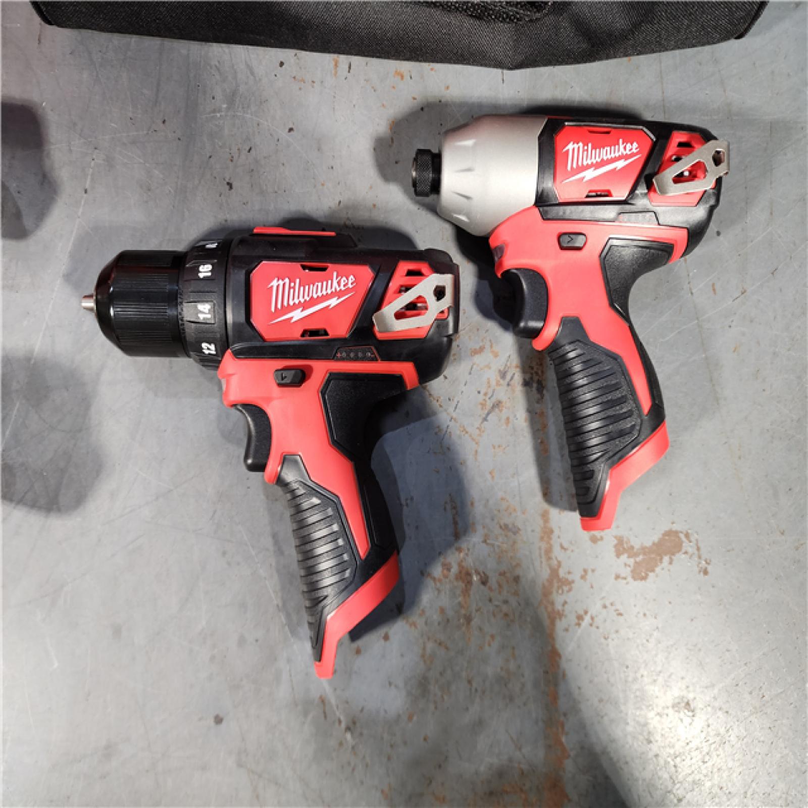 HOUSTON LOCATION - AS-IS (APPEARS LIKE NEW) MILWAUKEE M12 12V Lithium-Ion Cordless Combo Kit (5-Tool) with Two 1.5Ah Batteries, Charger & Tool Bag