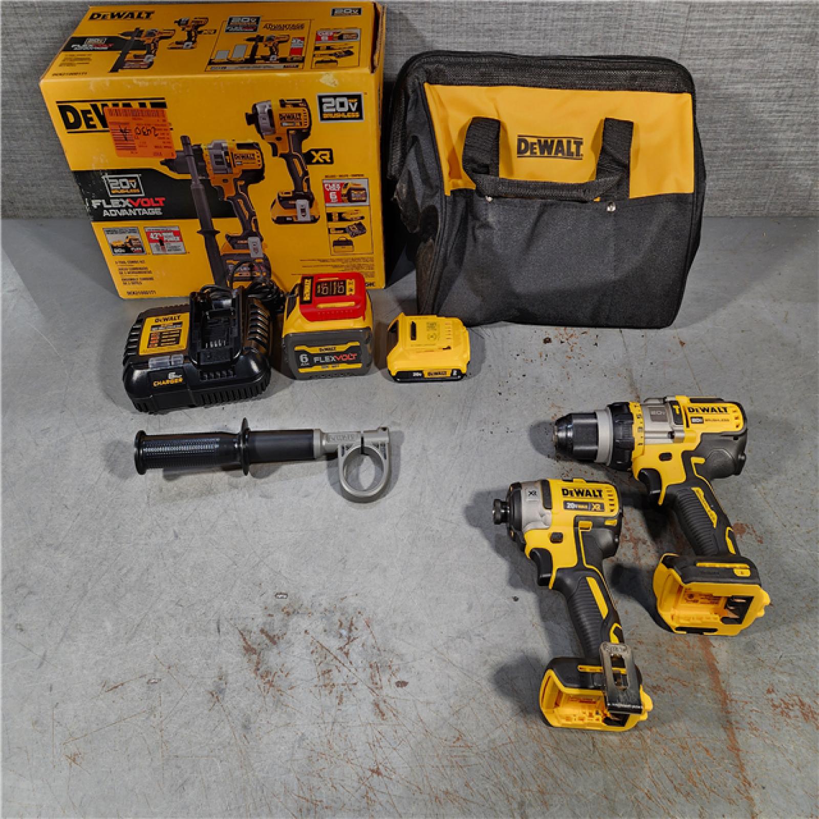 HOUSTON LOCATION - AS-IS (APPEARS LIKE NEW) DEWALT 20V MAX Cordless Brushless Hammer Drill/Driver 2 Tool Combo Kit with FLEXVOLT ADVANTAGE