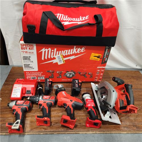 AS-IS Milwaukee M18 18-Volt Lithium-Ion Cordless Combo Tool Kit (5-Tool) with (1) 3.0Ah and (1) 1.5Ah Battery, (1) Charger, (1) Tool Bag