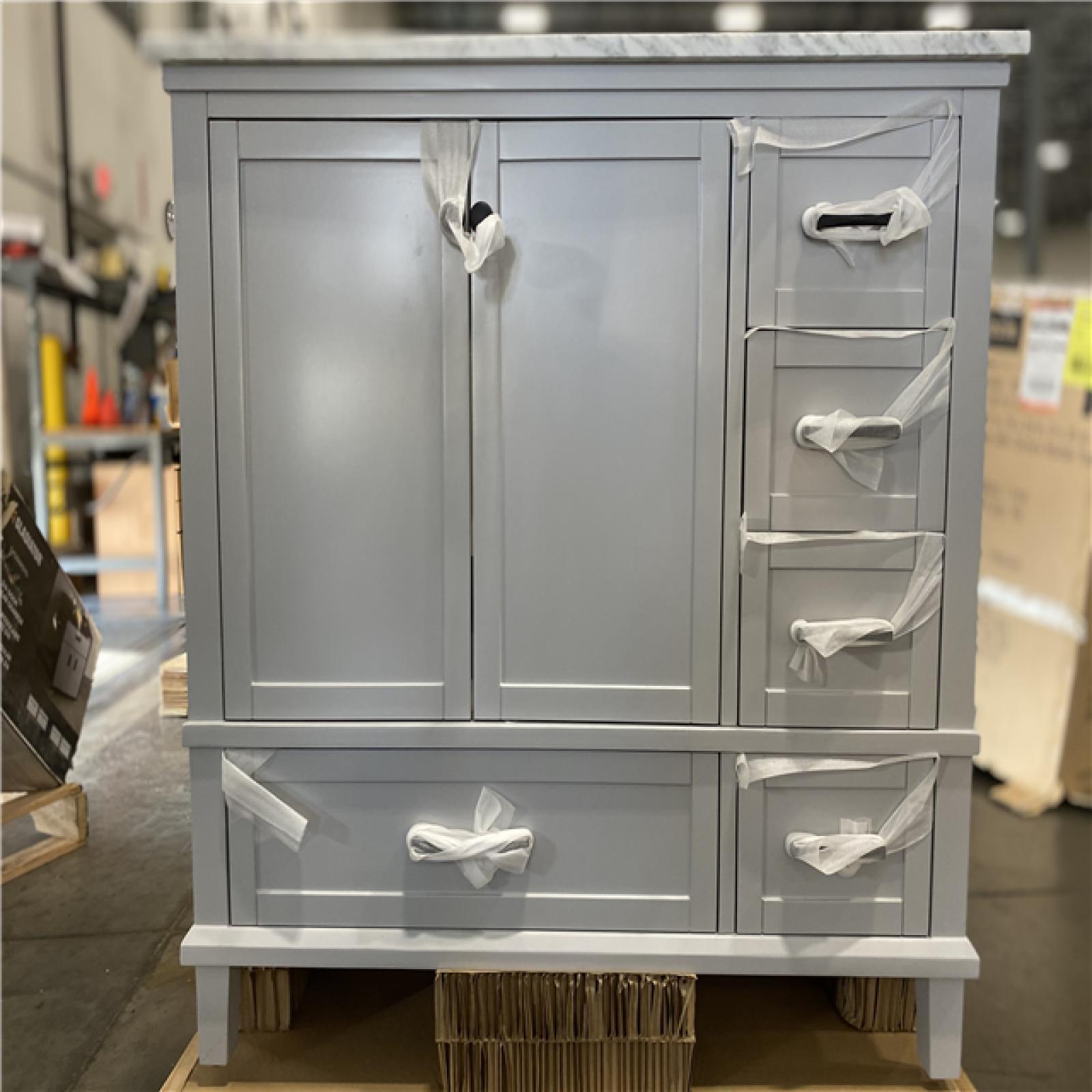 DALLAS LOCATION - Home Decorators Collection Merryfield 37 in W x 22 in D x 35 in H Single Sink Freestanding Bath Vanity in Dove Grey With White Carrara Marble Top