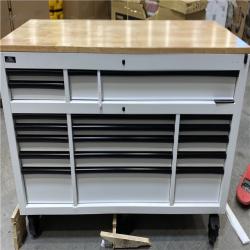 DALLAS LOCATION - Husky Tool Storage 72 in. W Heavy Duty Matte White Mobile Workbench Cabinet with Adjustable Height Wood Top