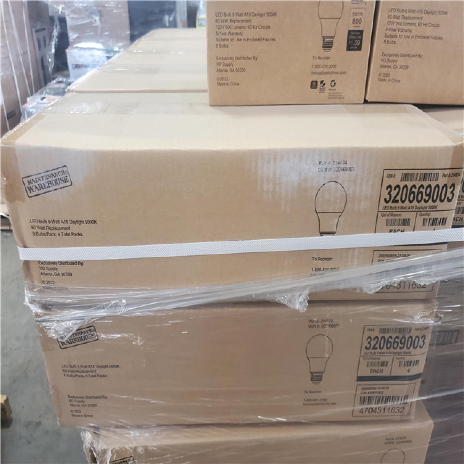 Phoenix Location Pallet of NEW Maintenance Warehouse® 9w A19 Led A-Line Bulb 5000k Package Of 8 - Pallet contains 108 cases - Each with 4 packs of 8 Bulbs. Total $8,640 Retail