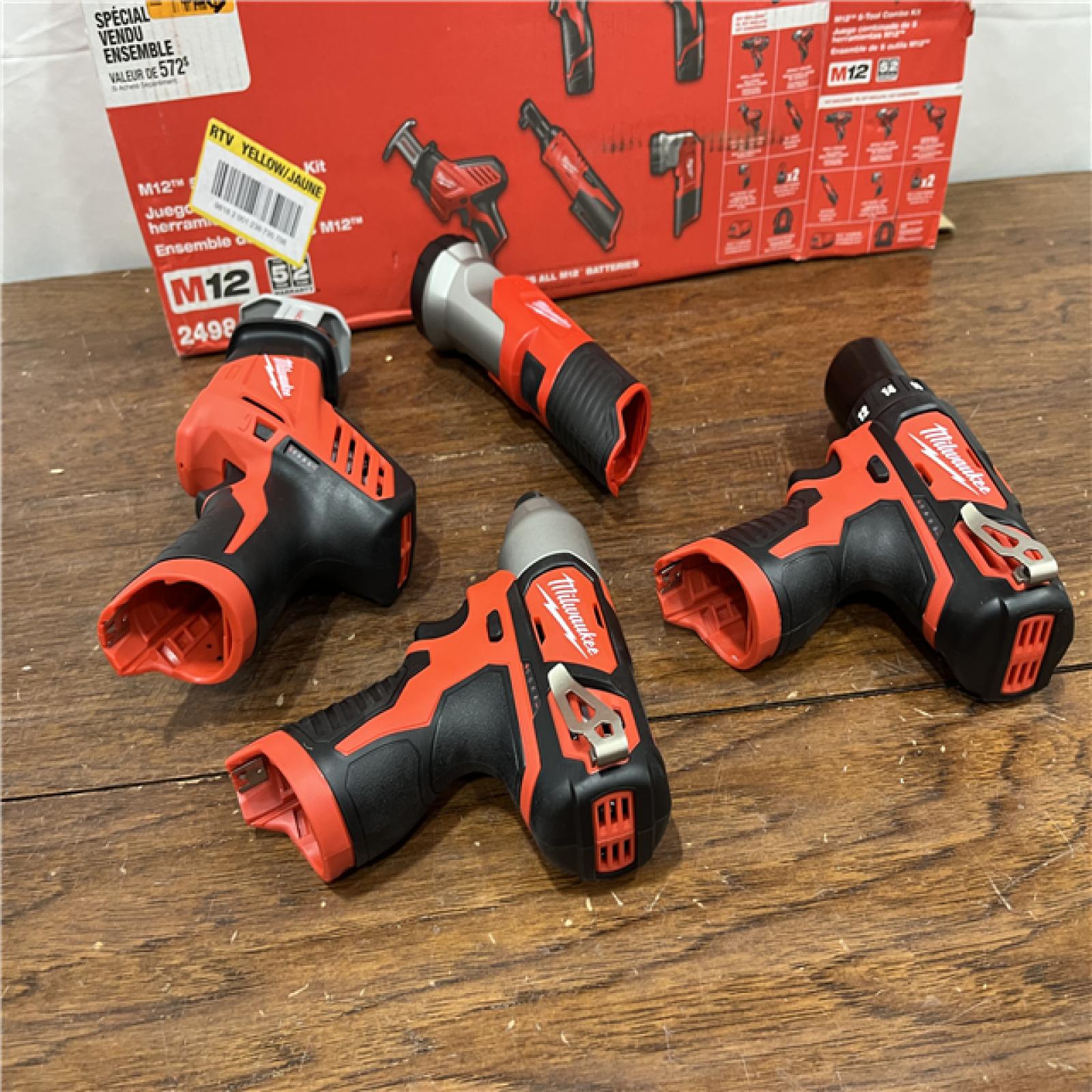 AS-ISMILWAUKEE M12 12V Lithium-Ion Cordless Combo Kit (5-Tool) with Two 1.5Ah Batteries, Charger & Tool Bag