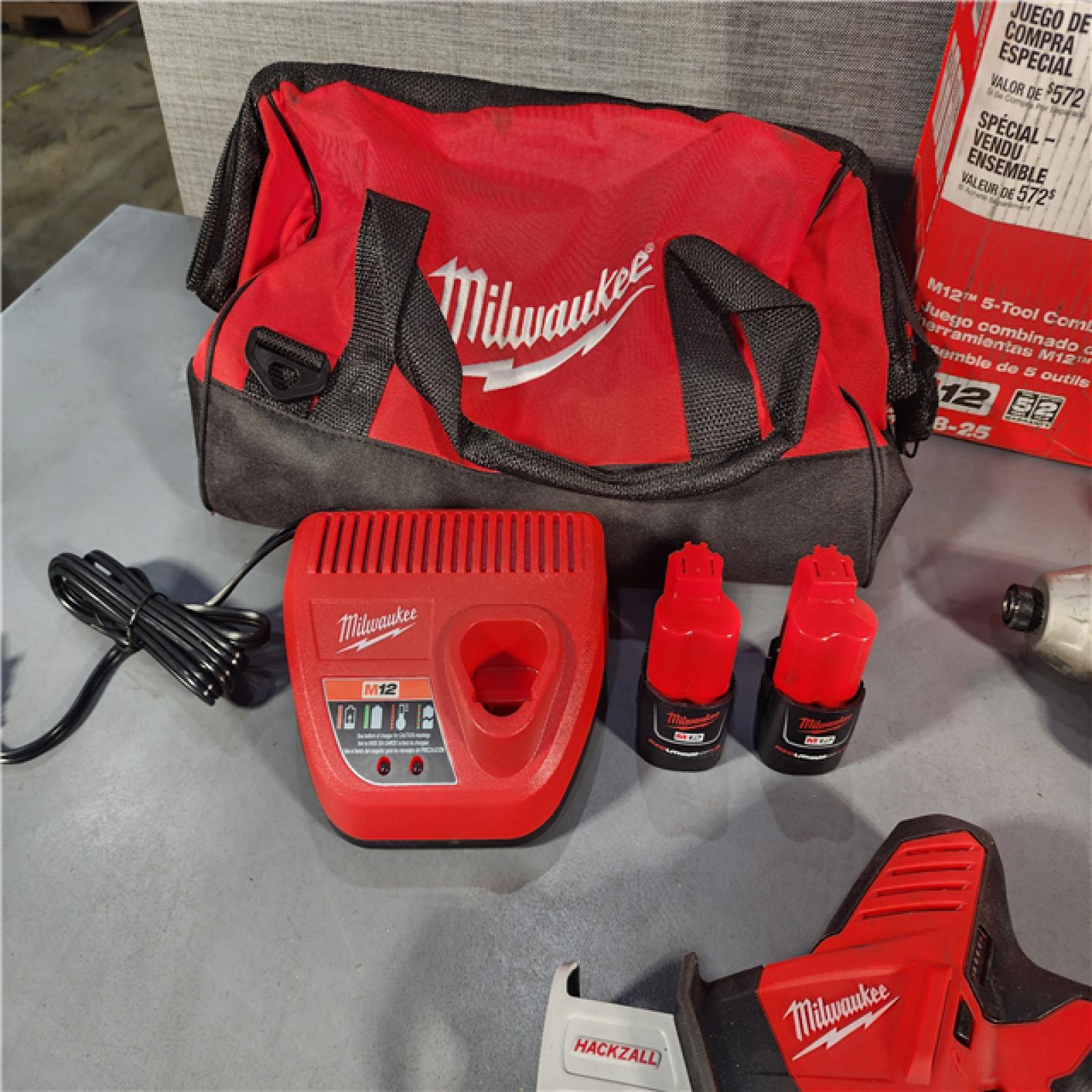 HOUSTON LOCATION - AS-IS MILWAUKEE M12 12V Lithium-Ion Cordless Combo Kit (5-Tool) with Two 1.5Ah Batteries, Charger & Tool Bag