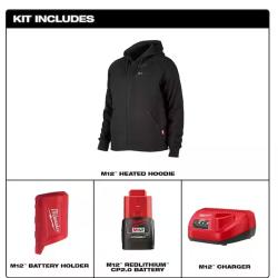 NEW! - Milwaukee Men's Large M12 12-Volt Lithium-Ion Cordless Black Heated Jacket Hoodie Kit with (1) 2.0 Ah Battery and Charger