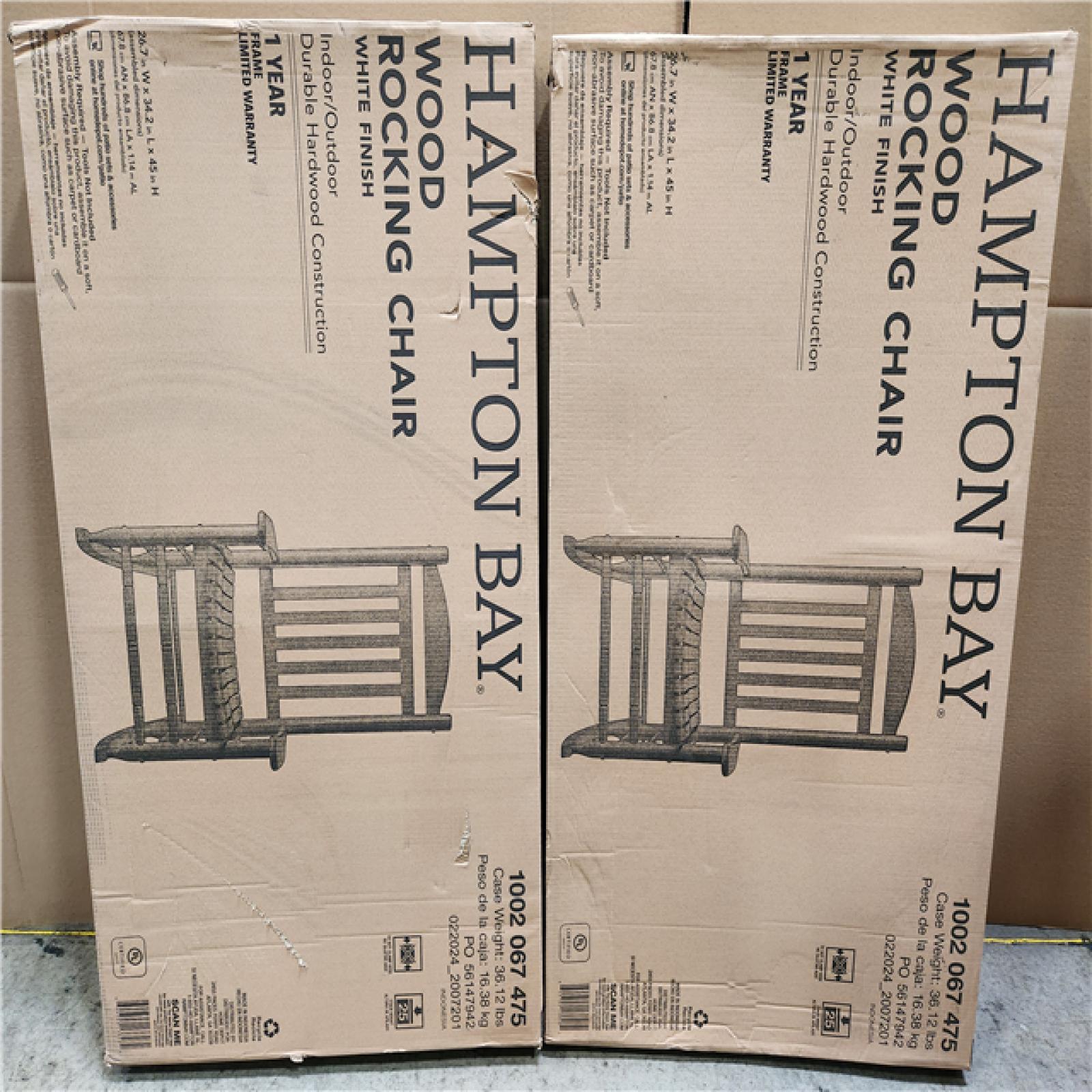 Phoenix Location Lot of (2) NEW Hampton Bay White Finish Wood Rocking Chairs