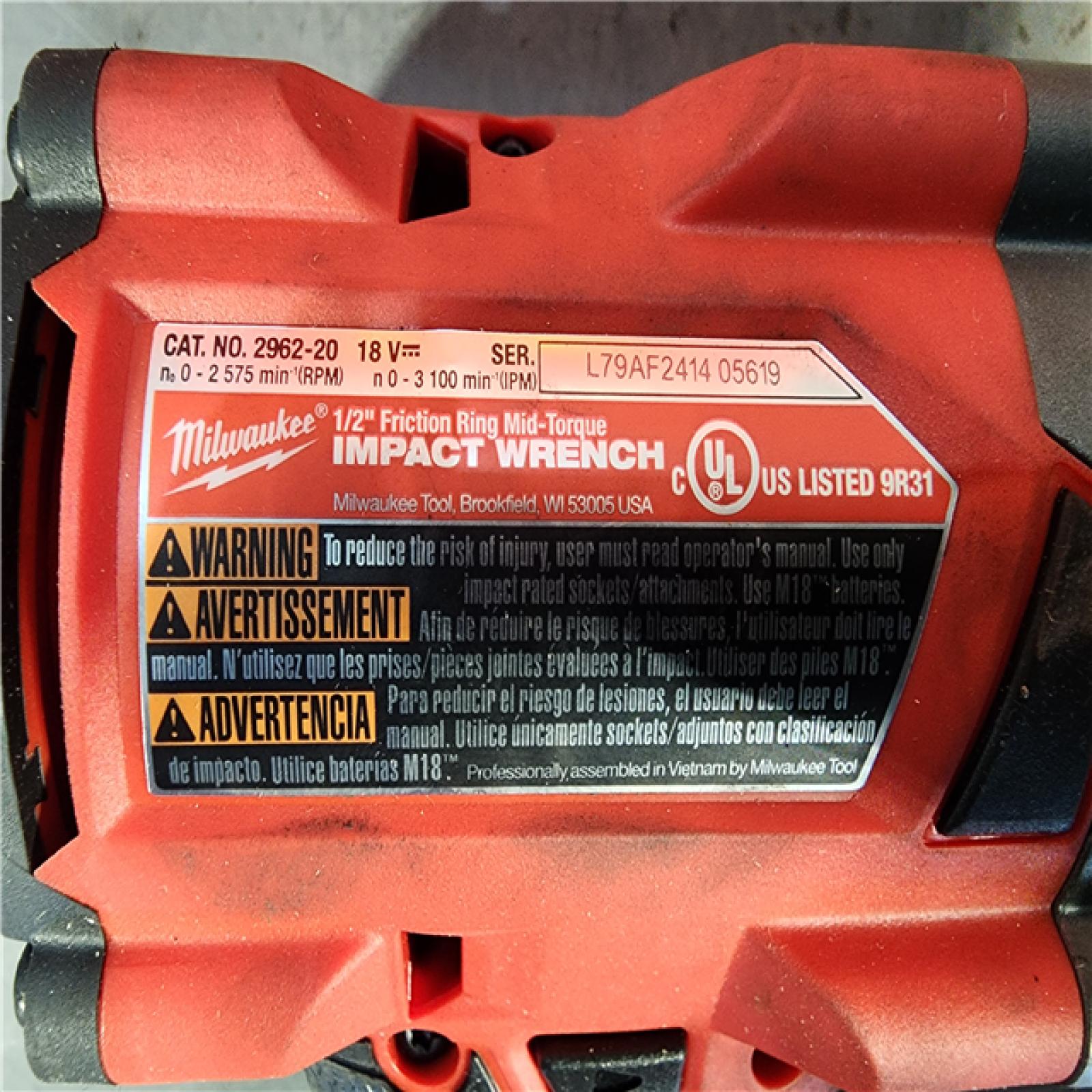 HOUSTON LOCATION - AS-IS Milwaukee M18 18V Fuel 1/2  Mid-Torque Impact Wrench Cordless Lithium-Ion Brushless with Friction Ring 2962-20 (TOOL ONLY)