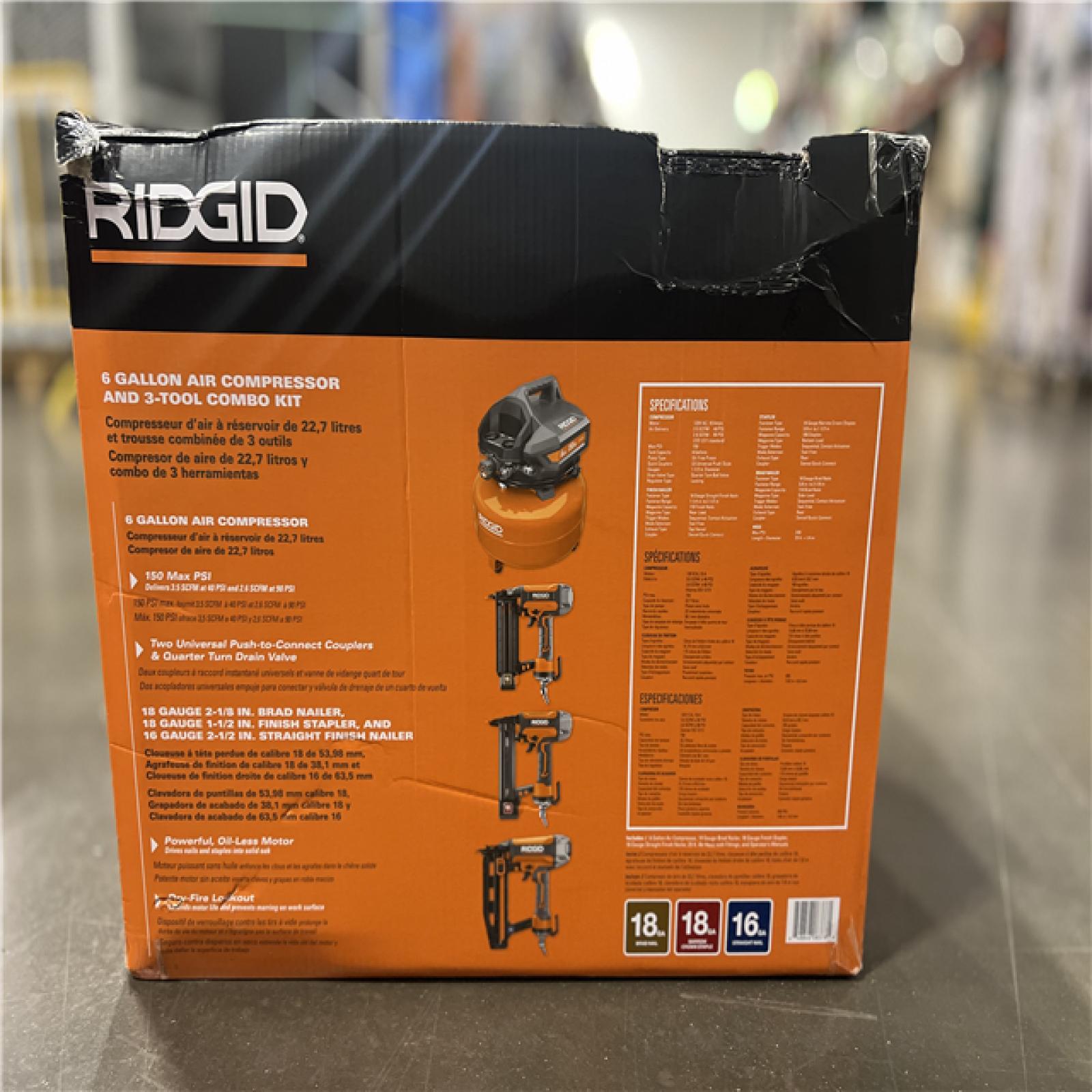 NEW! - RIDGID 6 Gal. Portable Electric Pancake Air Compressor w/ 18GA Brad Nailer, 16GA Straight Finish Nailer, & 18GA Finish Stapler