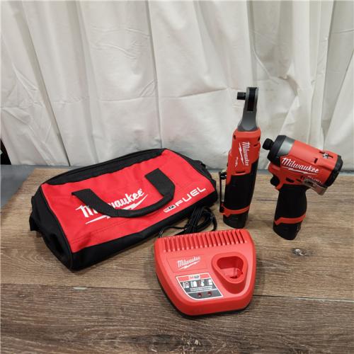 AS-IS Milwaukee 3453-22HSR M12 FUEL 12V Lithium-Ion Cordless 3/8 in. Ratchet and 1/4 in. Impact Driver Kit