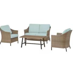 DALLAS LOCATION - StyleWell Park Pointe 4-Piece Wicker Patio Conversation Set with Seabreeze Blue Cushions