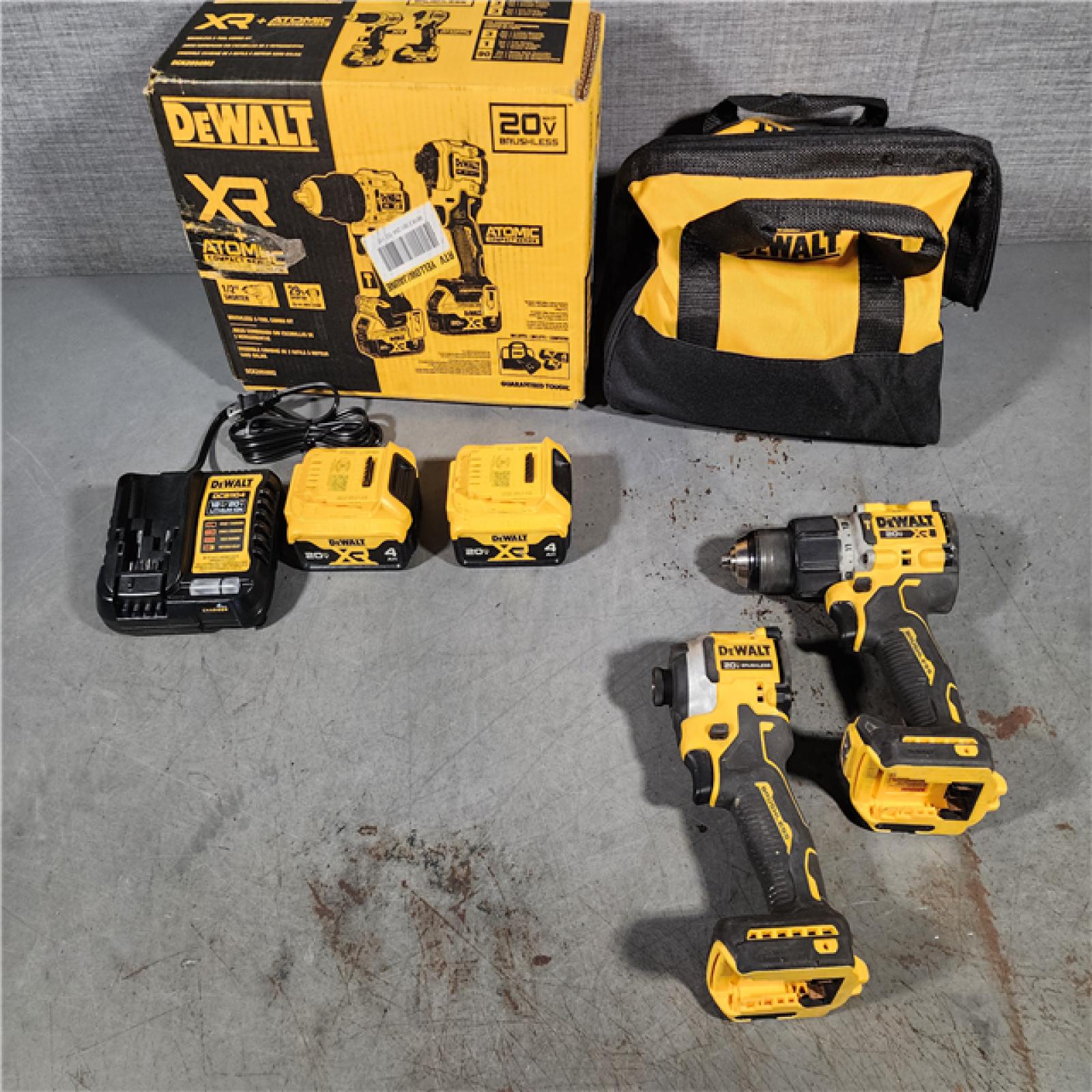 HOUSTON LOCATION - AS-IS DEWALT 20V MAX XR Hammer Drill and ATOMIC Impact Driver 2 Tool Cordless Combo Kit with (2) 4.0Ah Batteries, Charger, and Bag